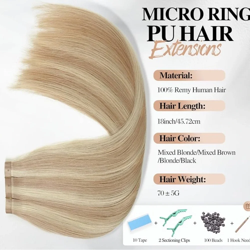Platinum Highlight Golden Blonde Remy Human Hair Seamless Micro Ring Extensions